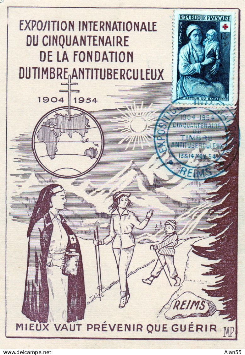 FRANCE.1954.  CARTE POSTALE SIGNEE « P.DUHAMEL ». "EXPOSITION...ANTITUBERCULEUX".TIMBRE "CROIX-ROUGE" - Ziekte
