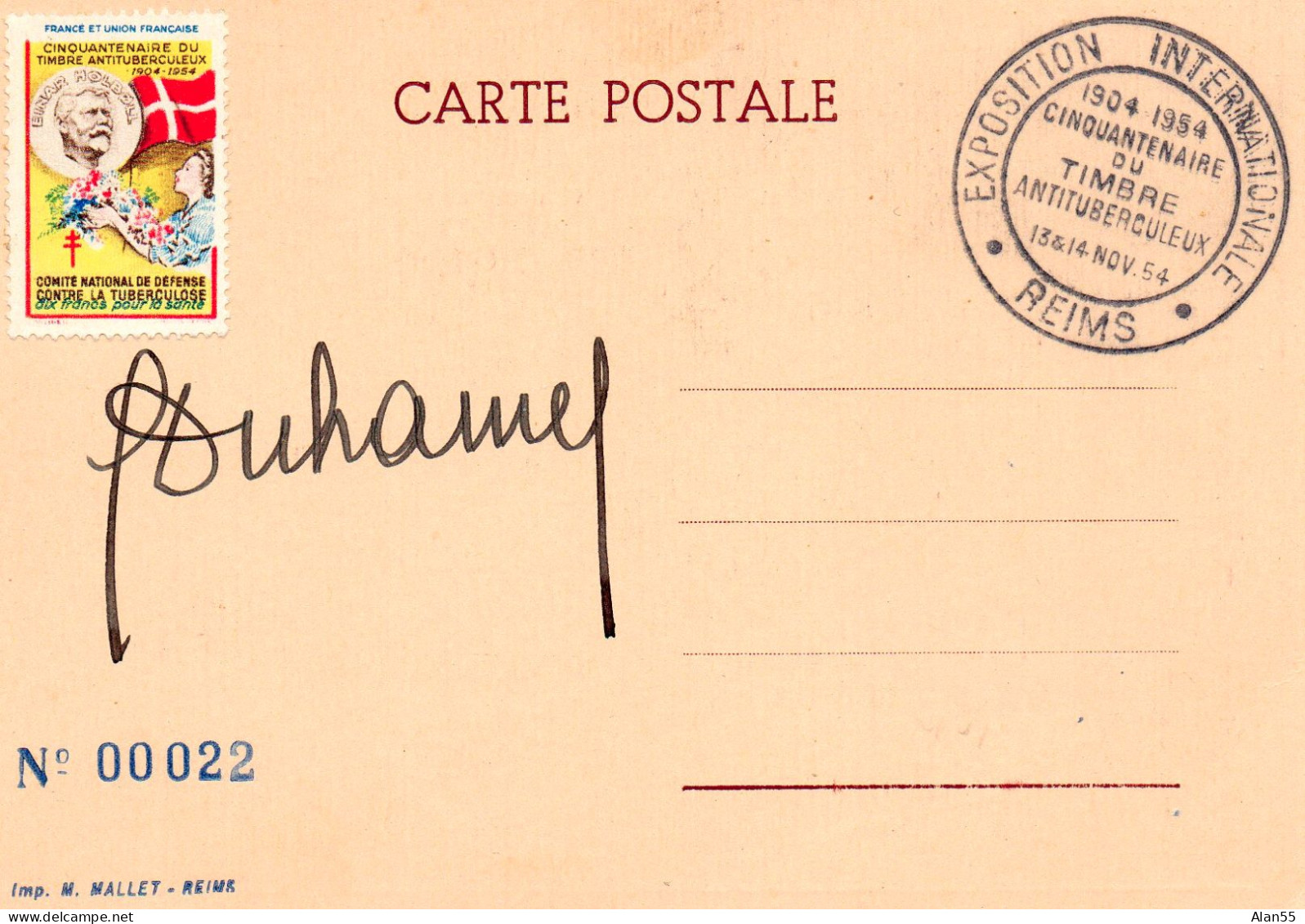 FRANCE.1954.  CARTE POSTALE SIGNEE « P.DUHAMEL ». "EXPOSITION...ANTITUBERCULEUX".TIMBRE "CROIX-ROUGE" - Ziekte