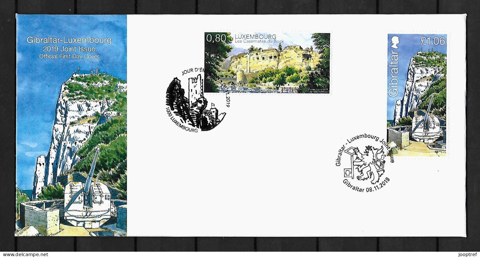 RARE 2019 Joint Gibraltar And Luxembourg, MIXED FDC GIBRALTAR WITH BOTH STAMPS: Casemates - Gemeinschaftsausgaben