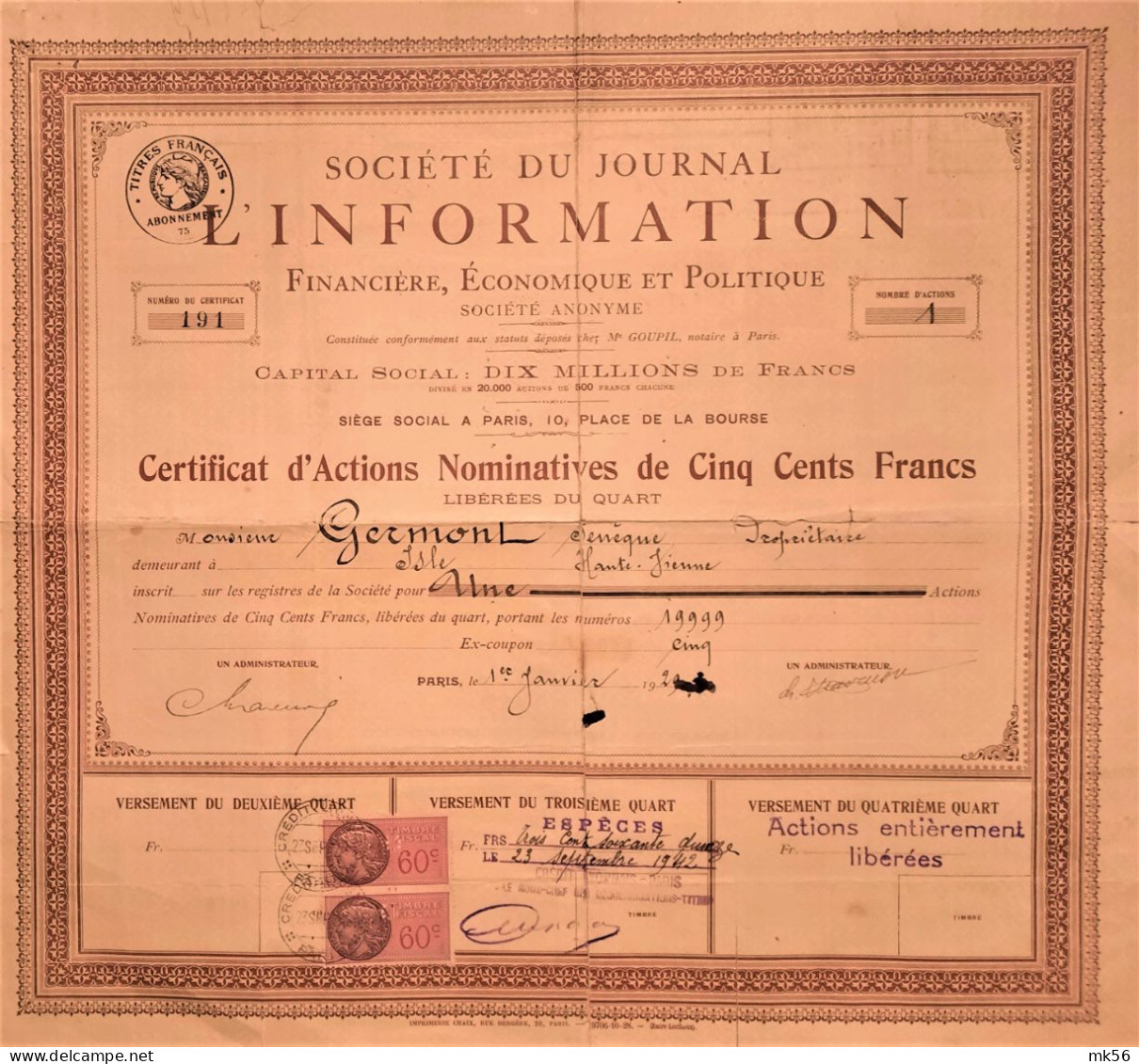 Société Du Journal L'information Financière, économique Et Politique - Certificat D'actions Nominatives - 1929 - Paris - Sonstige & Ohne Zuordnung