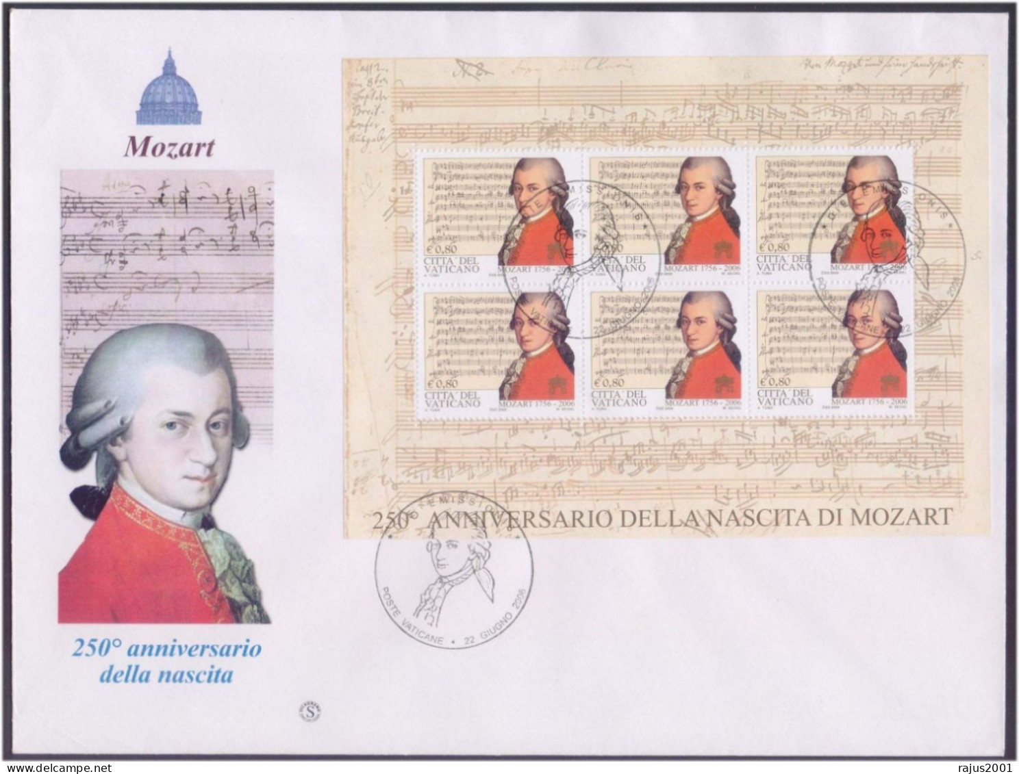 Mozart Member Of Masonic Lodge Zur Wohltätigkeit, Freemasonry Composer, Music Language, Pictorial Cancellation Sheet FDC - Freimaurerei