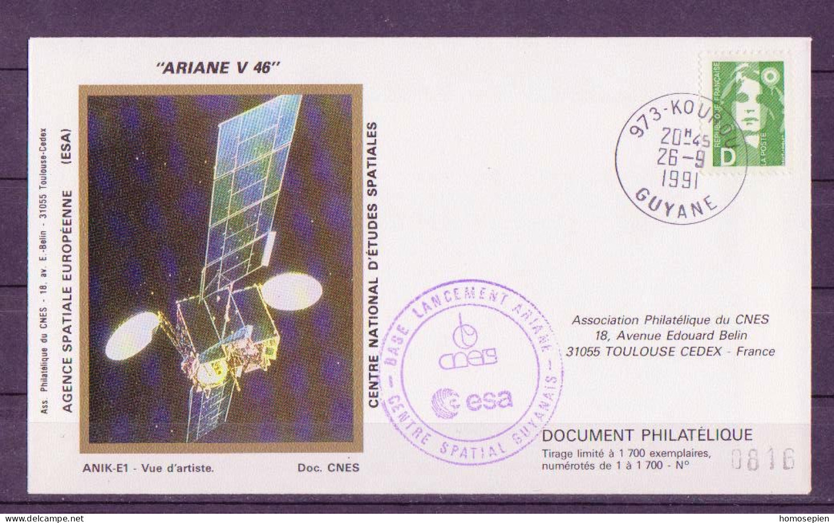 Espace 1991 09 27 - CNES - Ariane V46 - Pochette Complète - Europe