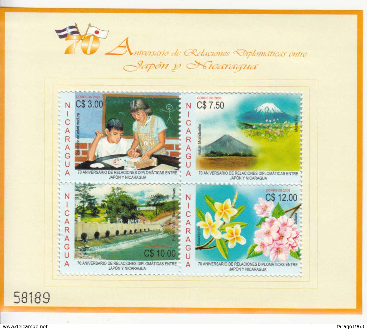 2005 Nicaragua Diplomatic Relations Japan Flowers Volcanoes Education Souvenir Sheet MNH - Nicaragua