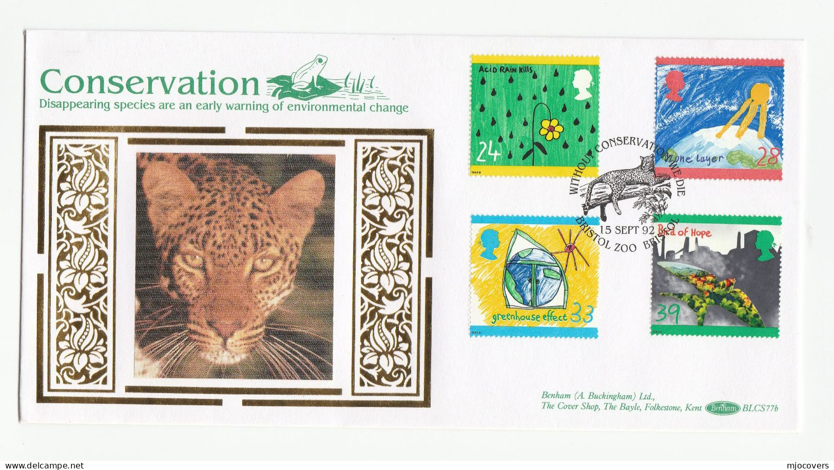 LEOPARD CONSERVATION Special SILK FDC  BRISTOL ZOO Set ENVIRONMENT CLIMATE GREEN Stamps GB Cover 1992 - Félins