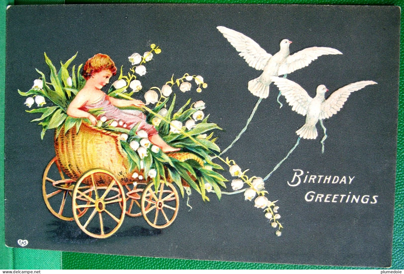 Cpa Gaufree CHAR DE MUGUET CHERUBIN COLOMBE FLEURS 1911, LILY OF THE VALLEY DOVE CART CHILD Embossed  OLD EAS PC - Anges
