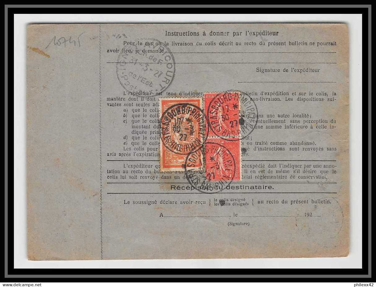 25363/ Bulletin D'expédition France Colis Postal Bel Affranchissement Mixte Type Merson 1927 - Cartas & Documentos