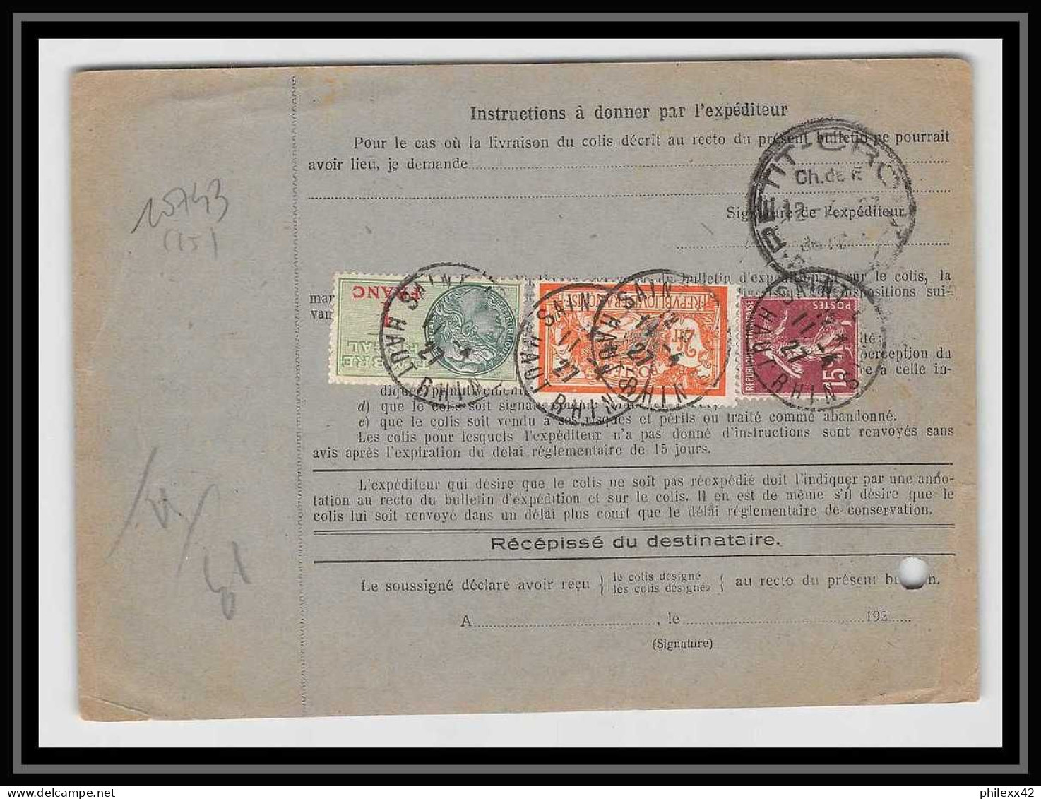 25365/ Bulletin D'expédition France Colis Postal Saint Louis Bel Affranchissement Mixte Type Merson 1927 - Covers & Documents