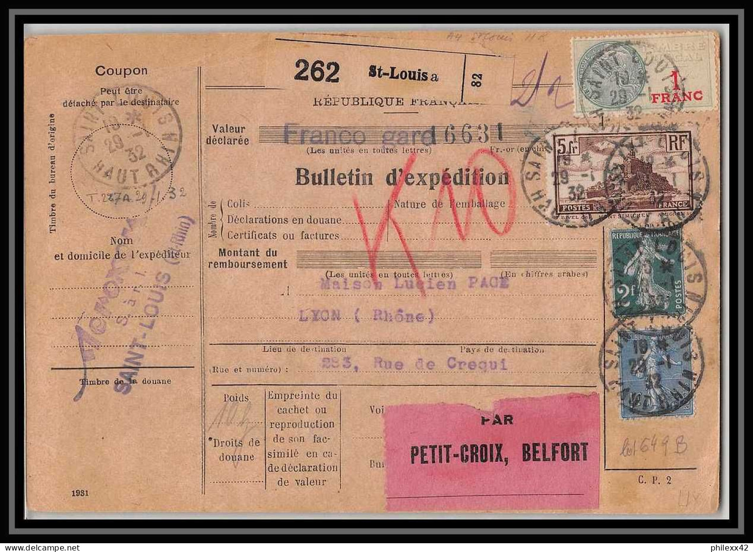 25346/ Bulletin D'expédition France Colis Postaux Fiscal Haut Rhin Saint-Louis 1932 Pour Lyon  - Brieven & Documenten