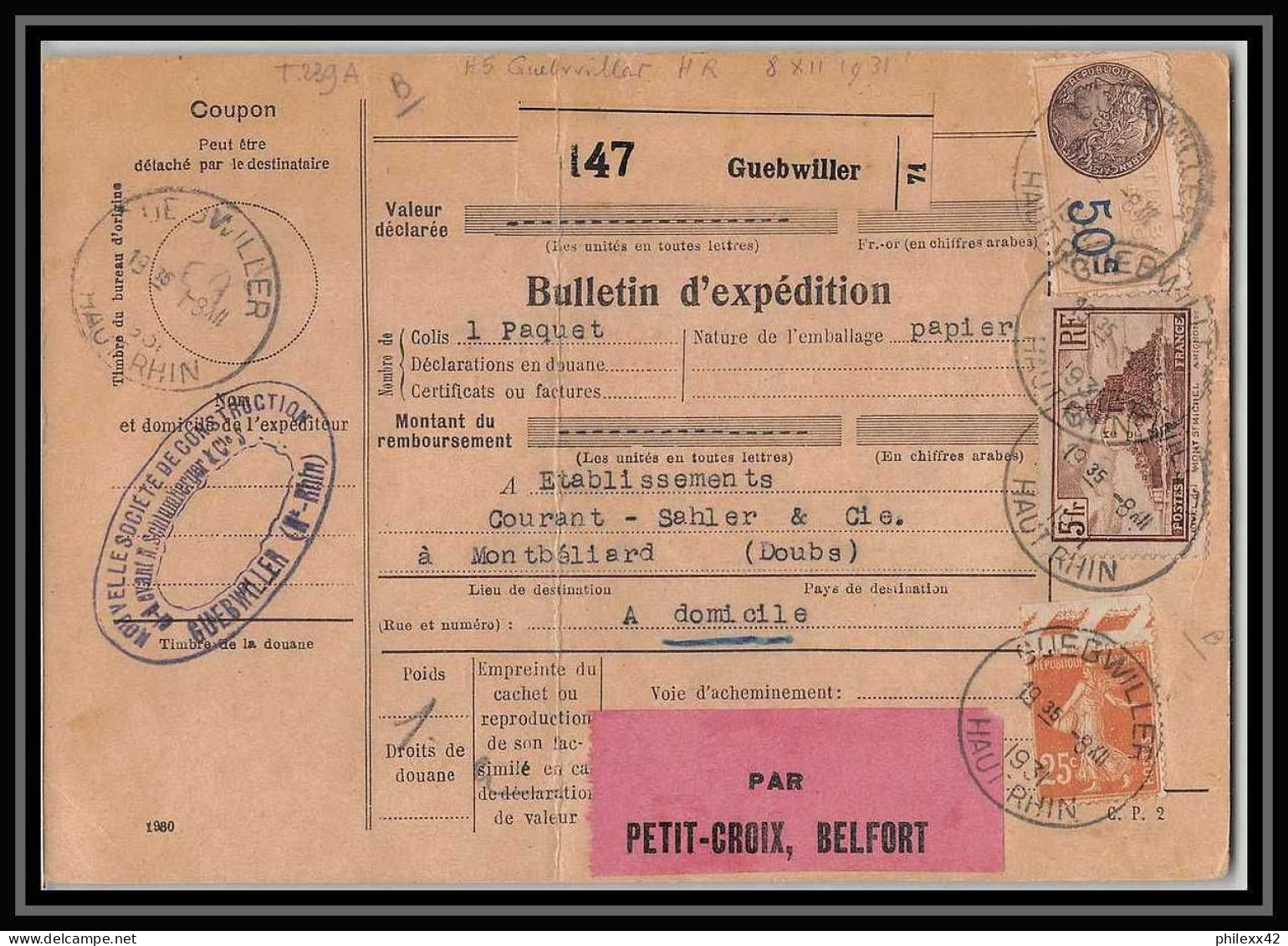 25343/ Bulletin D'expédition France Colis Postaux Fiscal Haut Rhin Guebwiller 1931 Par Petit Croix Belfort N°260 - Briefe U. Dokumente