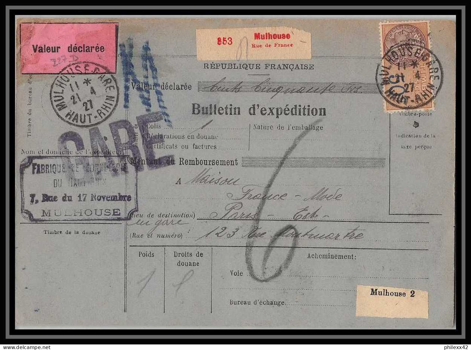 25336/ Bulletin D'expédition France Colis Postaux Fiscal Haut Rhin Mulhouse 2 France Valeur Déclarée 1927 Merson 145 - Cartas & Documentos