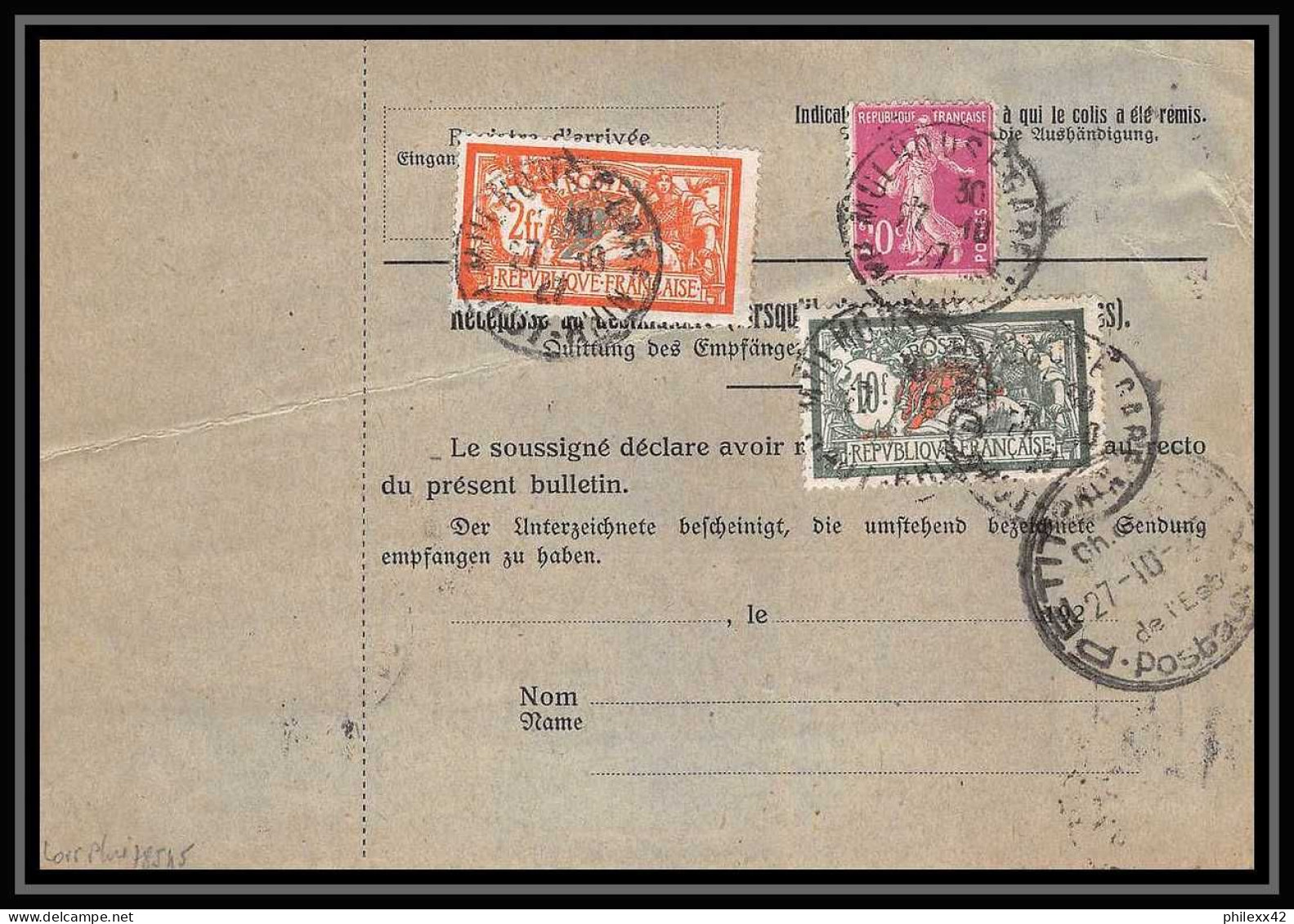 25328/ Bulletin D'expédition France Colis Postaux Fiscal Haut Rhin Mulhouse 2 FRANCE 1927 Pour Bordeaux Merson 207 145 - Lettres & Documents