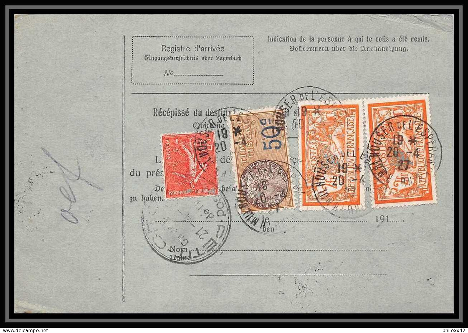 25326/ Bulletin D'expédition France Colis Postaux Fiscal Haut Rhin Mulhouse 3 Espérance 1927 POUR PARIS Merson 145 - Brieven & Documenten