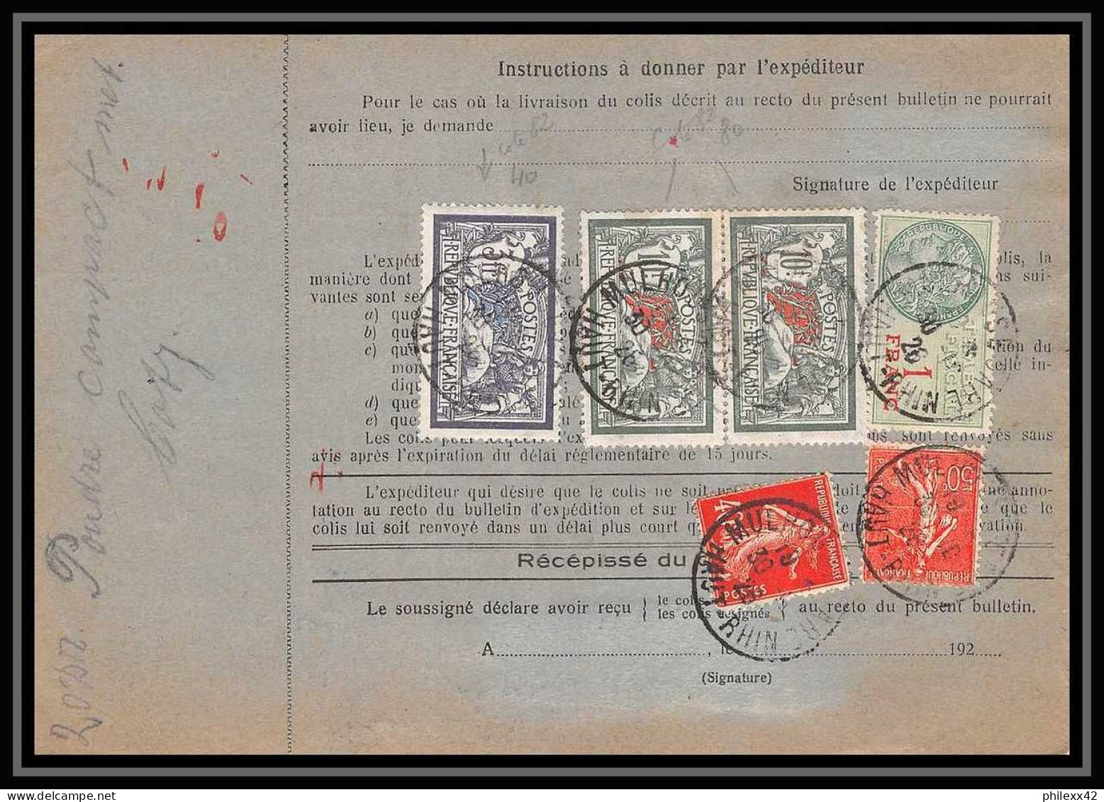 25319/ Bulletin D'expédition France Colis Postaux Fiscal Haut Rhin Mulhouse Pour Zurich Suisse Swiss 1926 Merson 206 207 - Cartas & Documentos