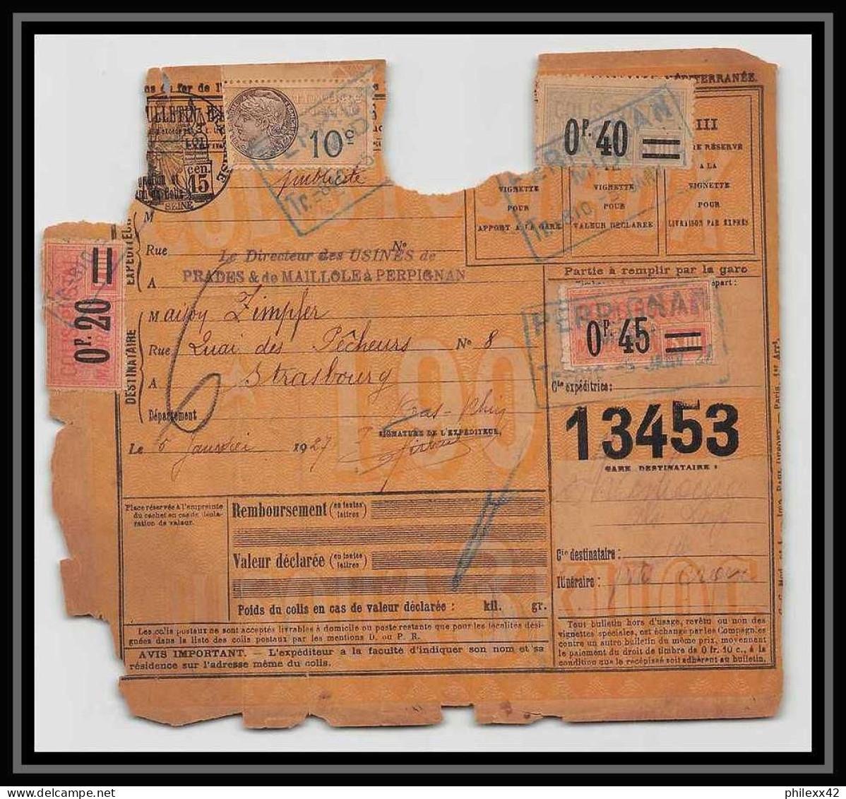 25308/ Bulletin D'expédition France Colis Postaux Bas-Rhin Strasbourg Pour Perpignan 1927 N° 34 36 37  - Covers & Documents