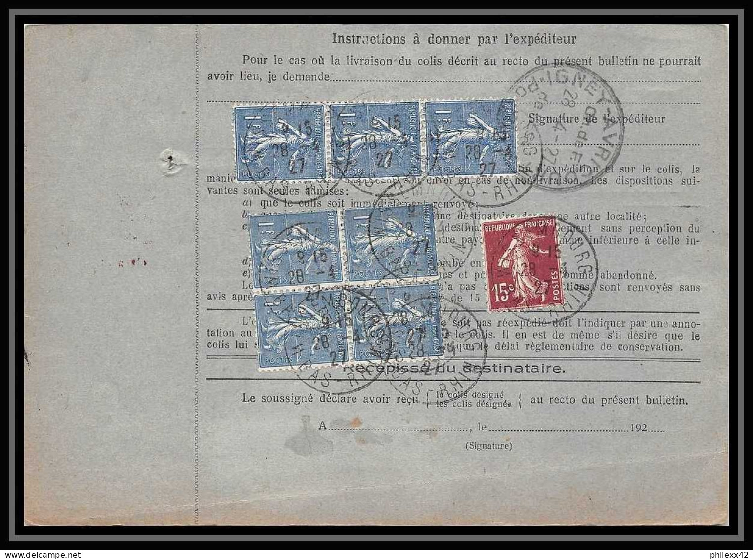 25289/ Bulletin D'expédition France Colis Postaux Fiscal Bas Rhin Wissembourg GARE 1927 Semeuse N°205 X 7 BLOC 4 - Covers & Documents