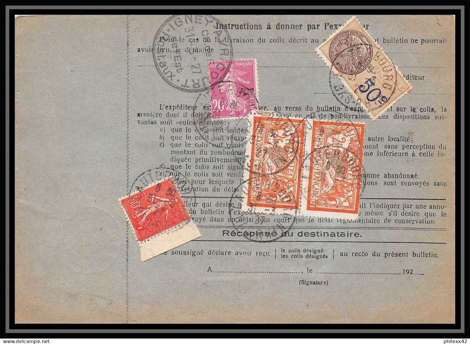 25287/ Bulletin D'expédition France Colis Postaux Fiscal Bas Rhin Lauterbourg Pour Nancy 1927 Merson N°145 Semeuse - Lettres & Documents