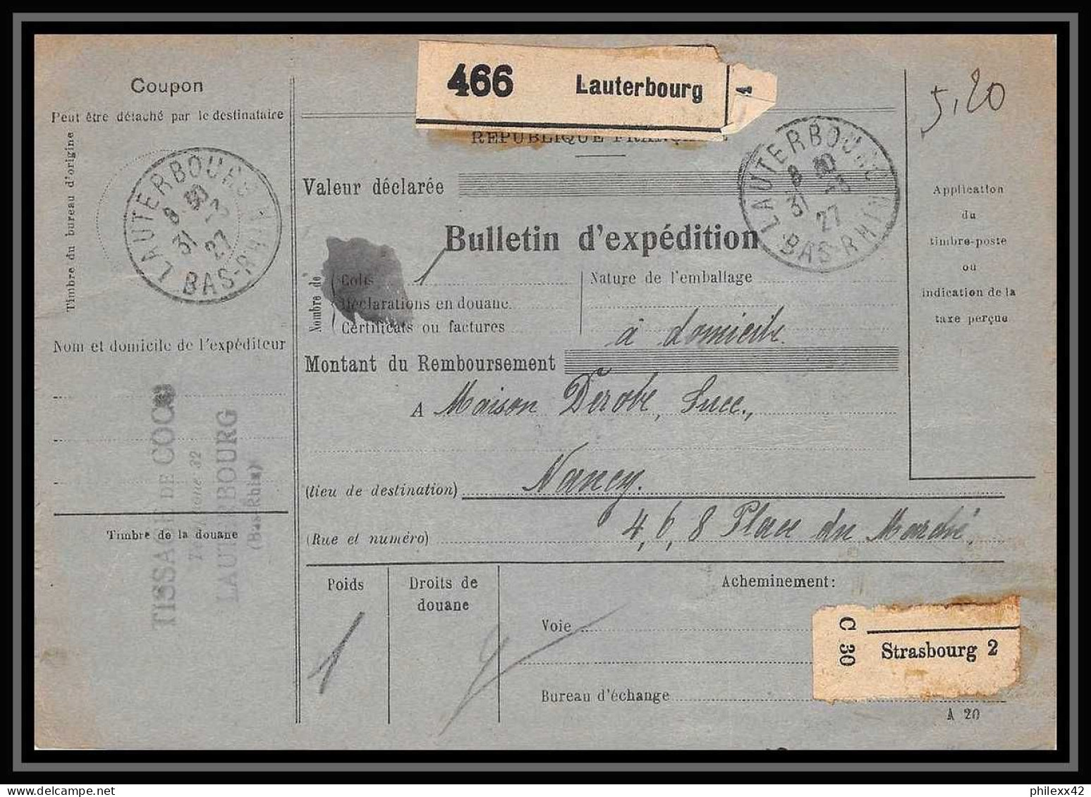 25287/ Bulletin D'expédition France Colis Postaux Fiscal Bas Rhin Lauterbourg Pour Nancy 1927 Merson N°145 Semeuse - Briefe U. Dokumente
