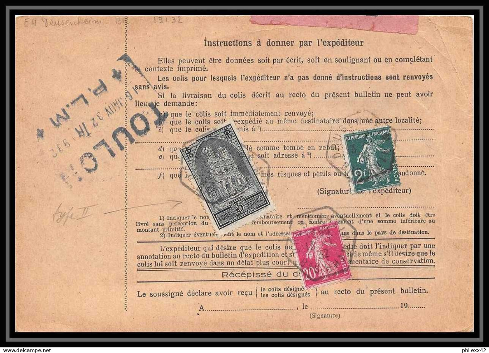 25290/ Bulletin D'expédition France Colis Postaux Fiscal Bas Rhin Drusenheim Gance Frères Toulon 1932 N° 259 REIMS 239 - Lettres & Documents
