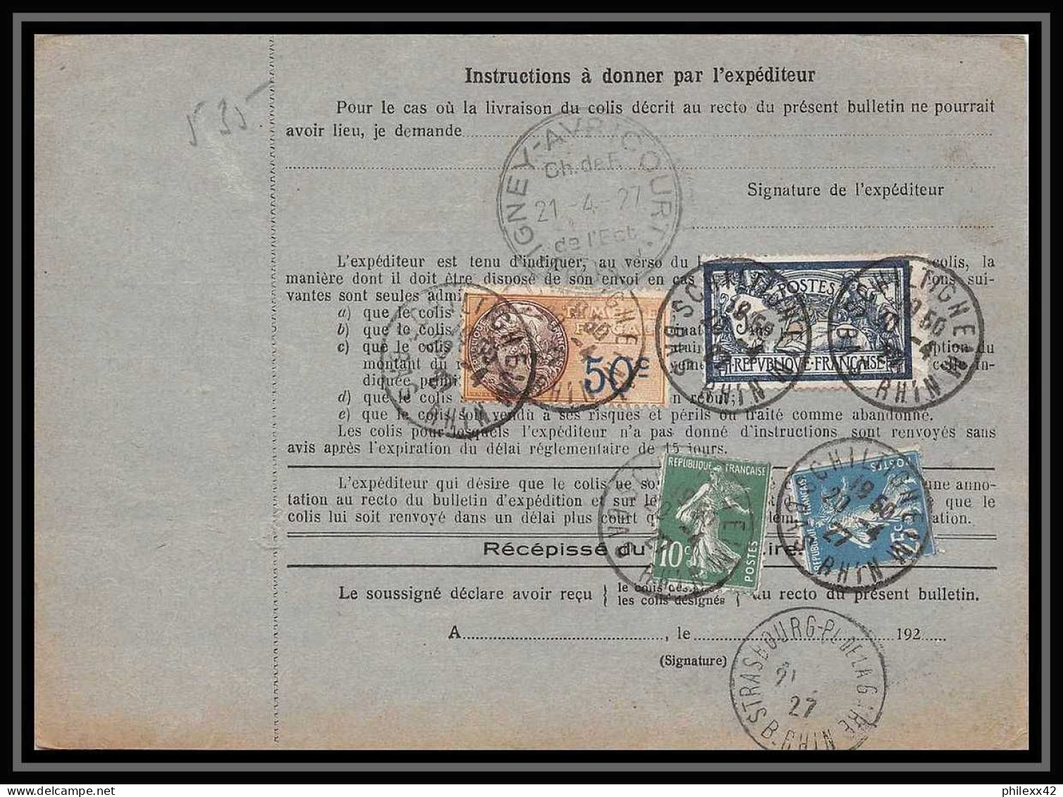 25282 Bulletin D'expédition France Colis Postaux Fiscal Schiltigheim 1927 Meulan Seine-et-Oise Merson 123 Valeur Déclaré - Lettres & Documents