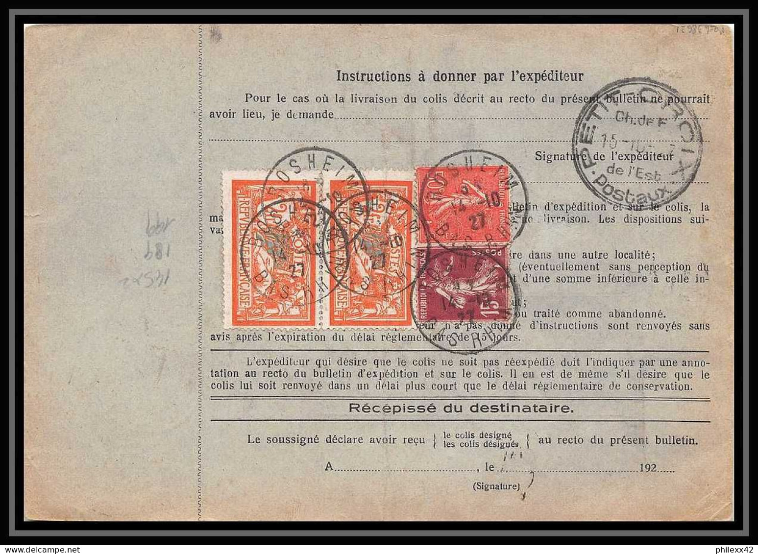 25280/ Bulletin D'expédition France Colis Postaux Fiscal Bas Rhin Rosheim Pour Annecy Haute Savoie 1927 Merson N°145 - Cartas & Documentos