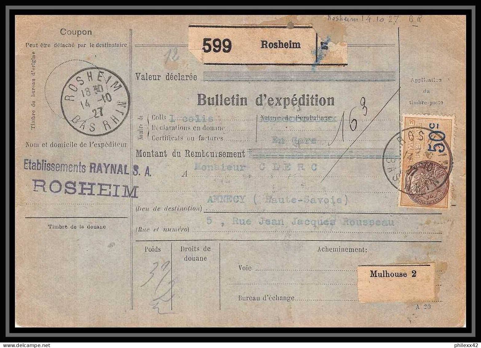25280/ Bulletin D'expédition France Colis Postaux Fiscal Bas Rhin Rosheim Pour Annecy Haute Savoie 1927 Merson N°145 - Cartas & Documentos