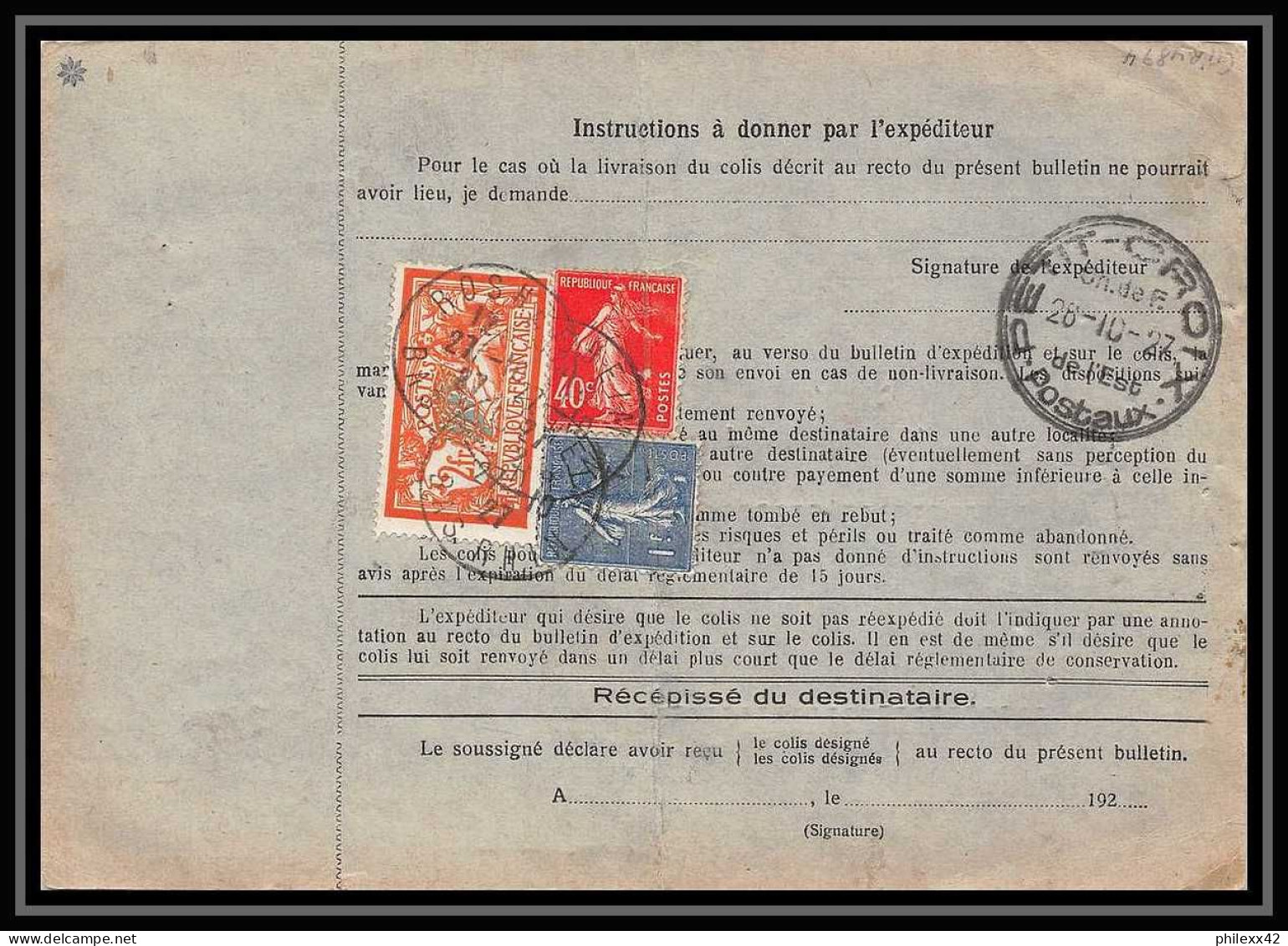 25269/ Bulletin D'expédition France Colis Postaux Fiscal Rosheim Bas-rhin Pour Nevers Nièvre 1927 Merson N°145 - Brieven & Documenten