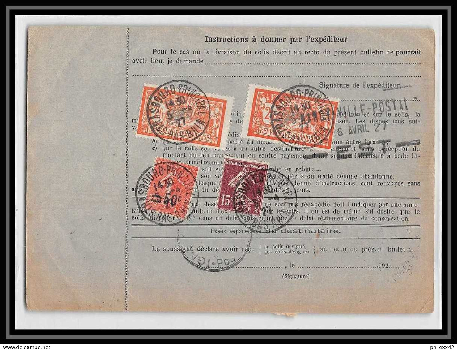 25270/ Bulletin D'expédition France Colis Postaux Fiscal Strasbourg Ppal Pour Lignéville Vosges En Gare 1927 Merson 145 - Briefe U. Dokumente