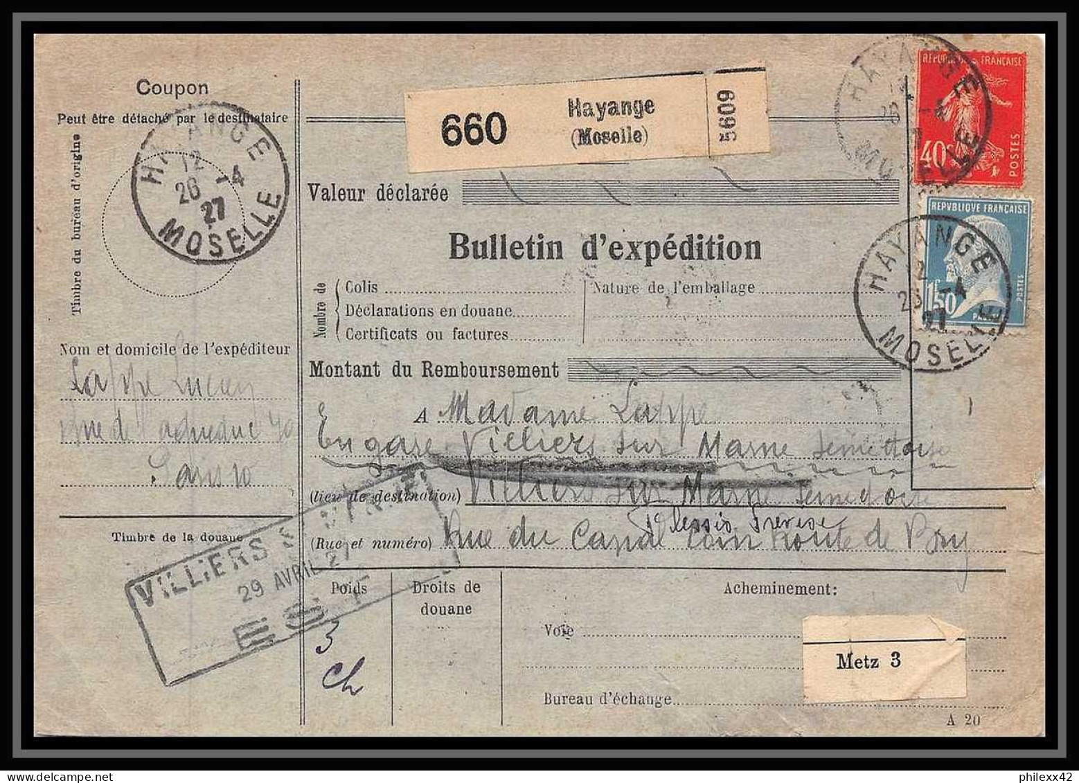 25262/ Bulletin D'expédition France Colis Postaux Fiscal Hayange Moselle 1927 Pour Villiers Sur Marne - Covers & Documents