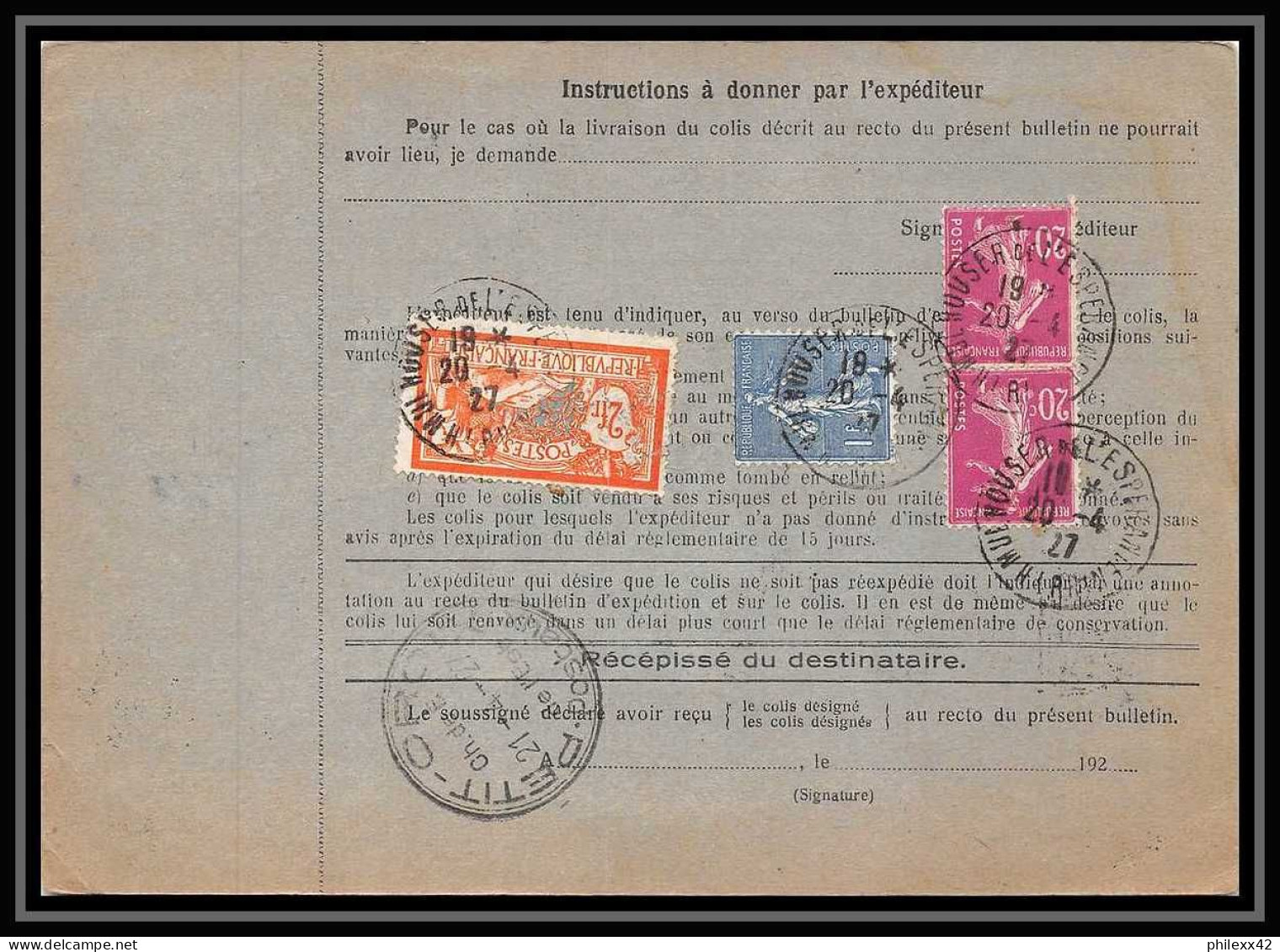 25260/ Bulletin D'expédition France Colis Postaux Fiscal Haut Rhin Mulhouse 3 EN GARE Pour Paris 1927 Merson N°145  - Lettres & Documents