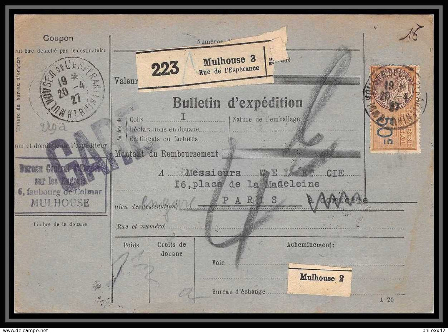 25260/ Bulletin D'expédition France Colis Postaux Fiscal Haut Rhin Mulhouse 3 EN GARE Pour Paris 1927 Merson N°145  - Lettres & Documents