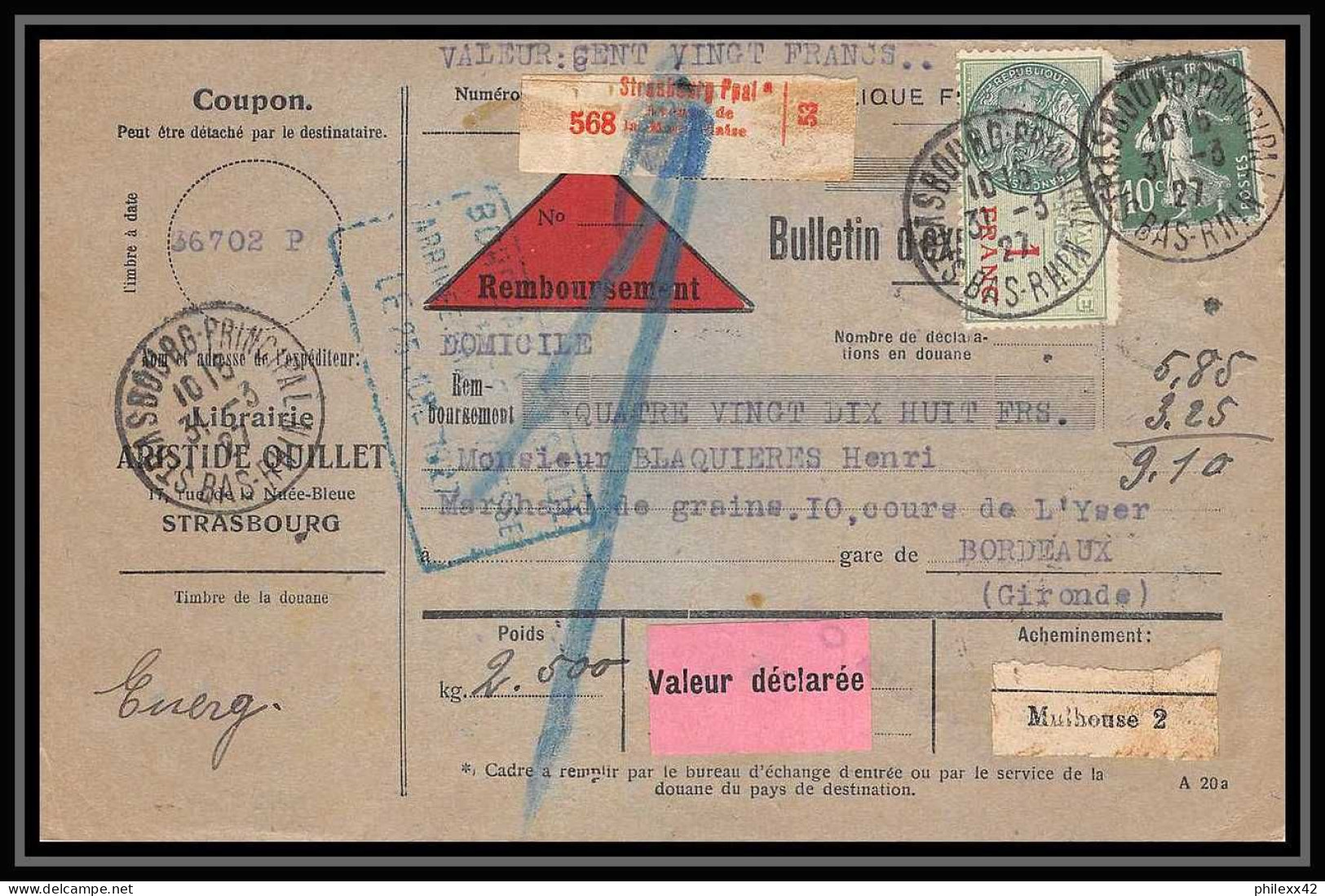 25246/ Bulletin D'expédition France Colis Postaux Fiscal Strasbourg Ppal 1927 Bordeaux Contre Remboursement Merson N°145 - Briefe U. Dokumente