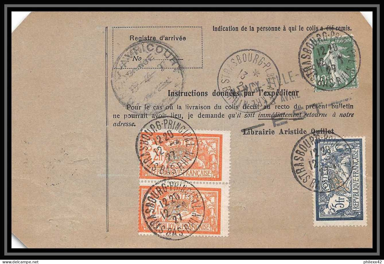 25245/ Bulletin D'expédition France Colis Postaux Fiscal Strasbourg Ppal Pour Toul 1927 Merson N°123 145 Valeur Déclarée - Brieven & Documenten