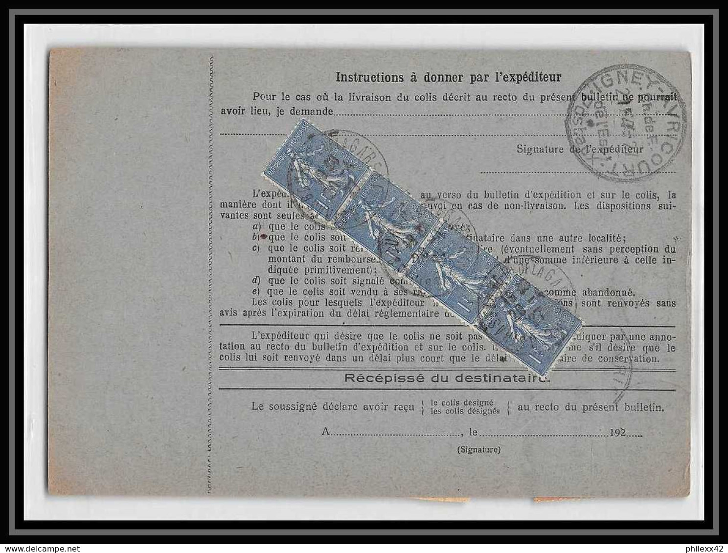 25251/ Bulletin D'expédition France Colis Postaux Fiscal Bas-Rhin Strasbourg 2a 1927 Pour Paris Semeuse 205 X 4 - Covers & Documents