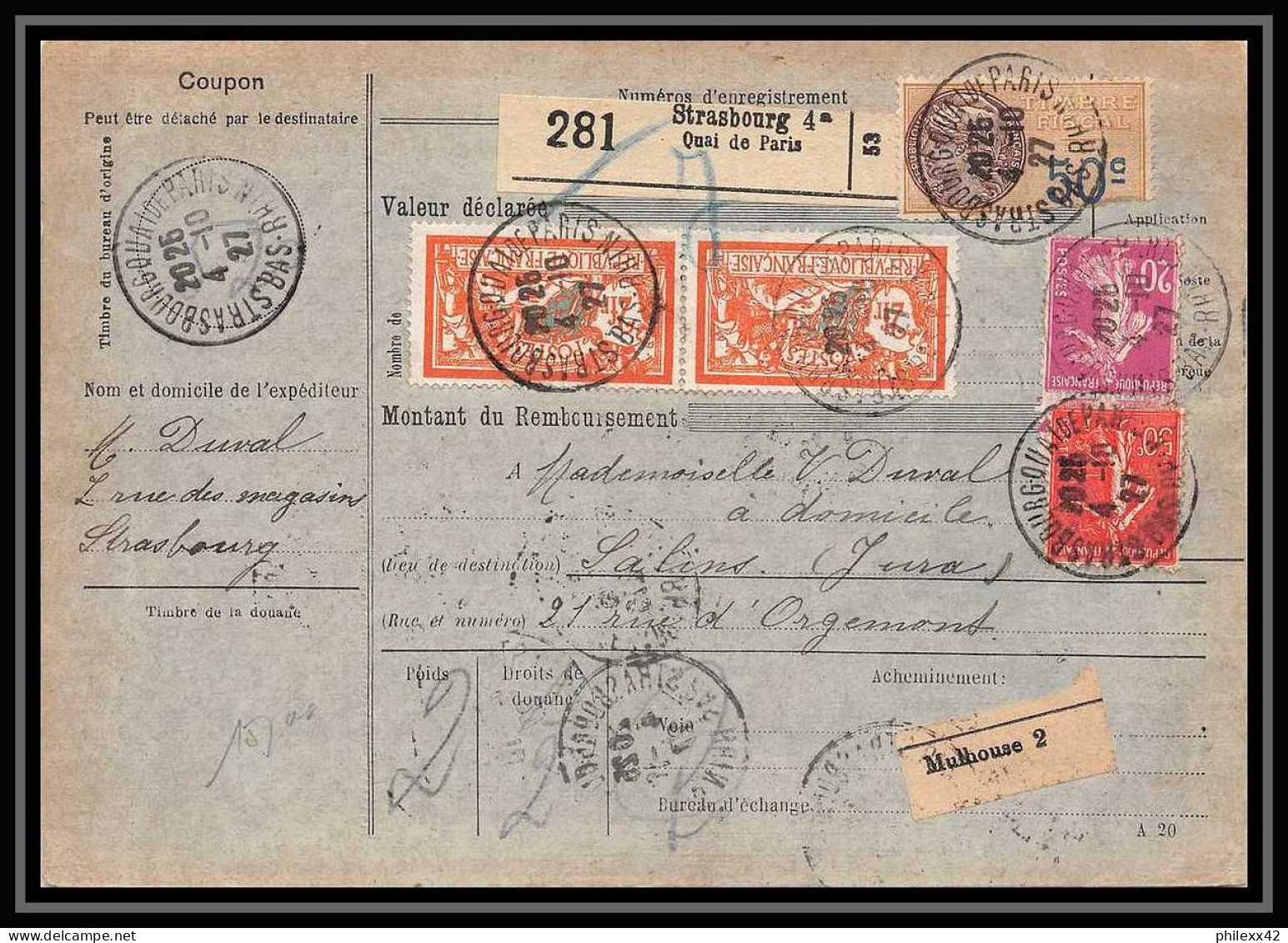 25241/ Bulletin D'expédition France Colis Postaux Fiscal Bas-Rhin Strasbourg 4 Pour Salins Jura 1927 Merson N°145 - Cartas & Documentos