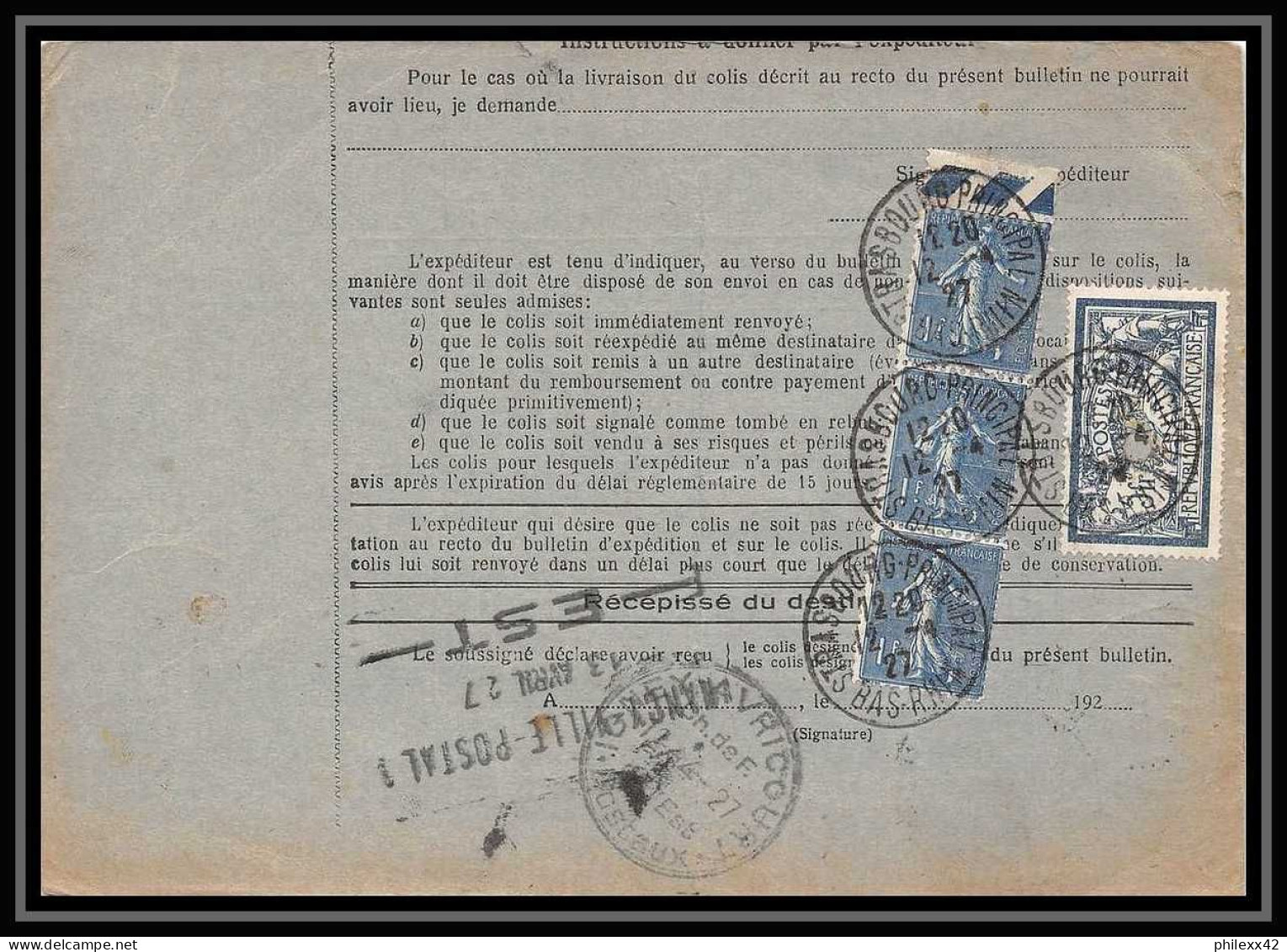 25244/ Bulletin D'expédition France Colis Postaux Fiscal Strasbourg Ppal Pour Nancy 1927 Merson N°123 Semeuse 205 - Storia Postale