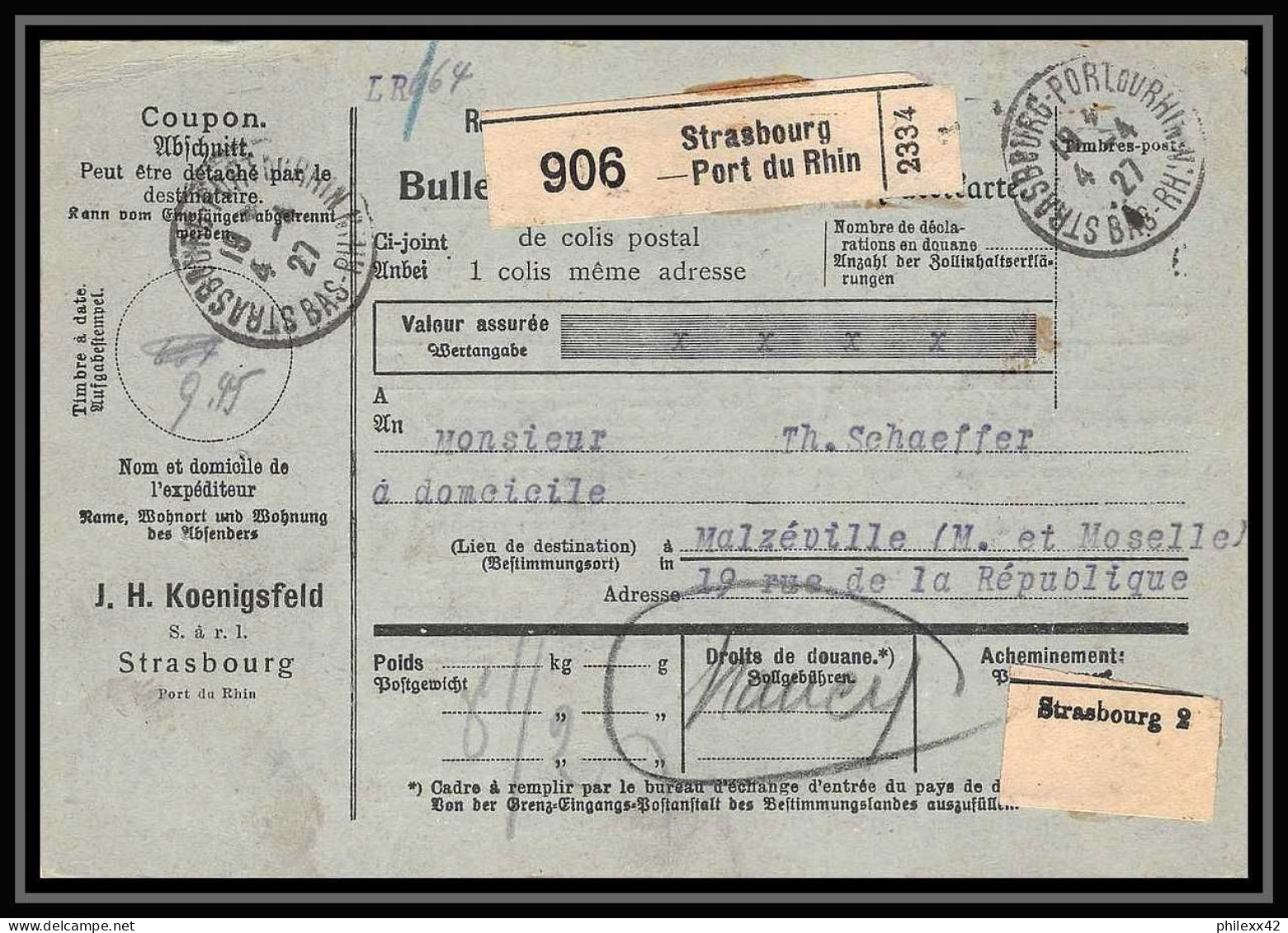 25242/ Bulletin D'expédition France Colis Postaux Fiscal 1927 Strasbourg Port Du Rhin Pour Malzéville Merson N°145 X 4 - Cartas & Documentos