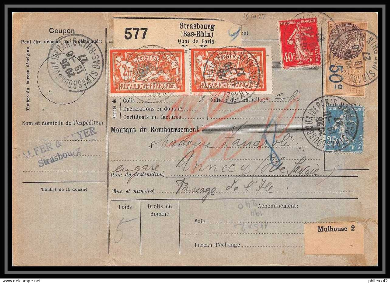 25235/ Bulletin D'expédition France Colis Postaux Fiscal Bas-Rhin Strasbourg Pour Annecy 1927 Haute Savoie Merson N°145 - Covers & Documents