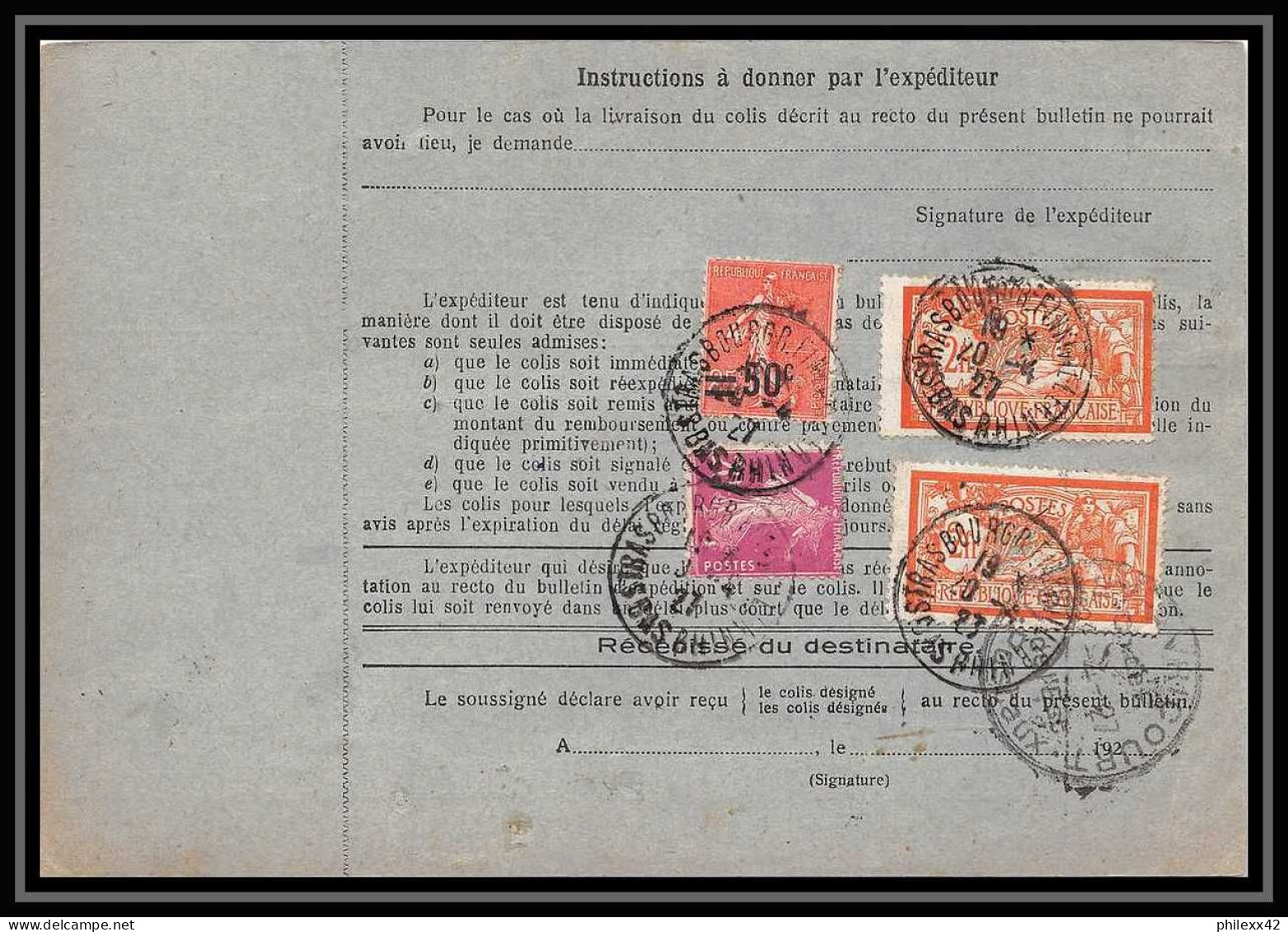 25231/ Bulletin D'expédition 1927 France Colis Postaux Fiscal Bas-Rhin Strasbourg 5 Merson N°145 - Cartas & Documentos