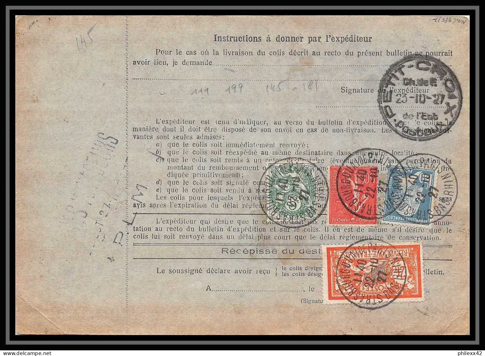 25228/ Bulletin D'expédition France Colis Postaux Fiscal Strasbourg 4 Pour Cannes 1927 Merson N°245 Valeur Déclarée - Covers & Documents