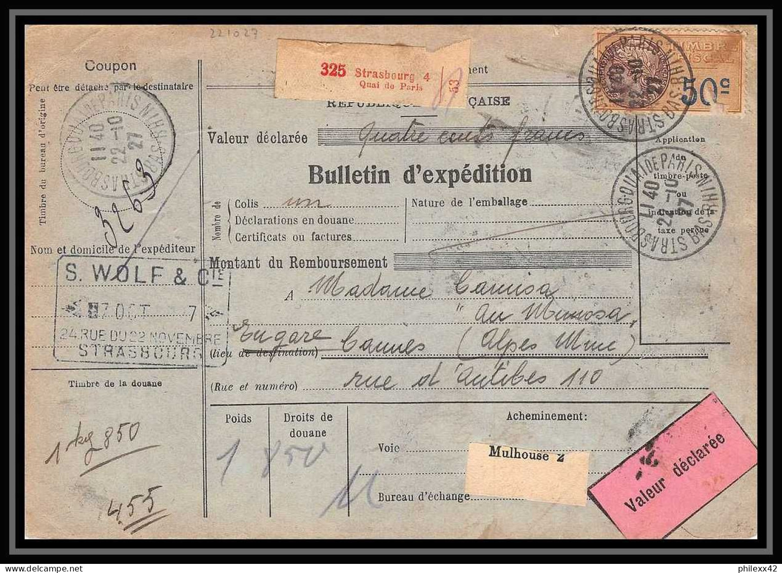 25228/ Bulletin D'expédition France Colis Postaux Fiscal Strasbourg 4 Pour Cannes 1927 Merson N°245 Valeur Déclarée - Lettres & Documents