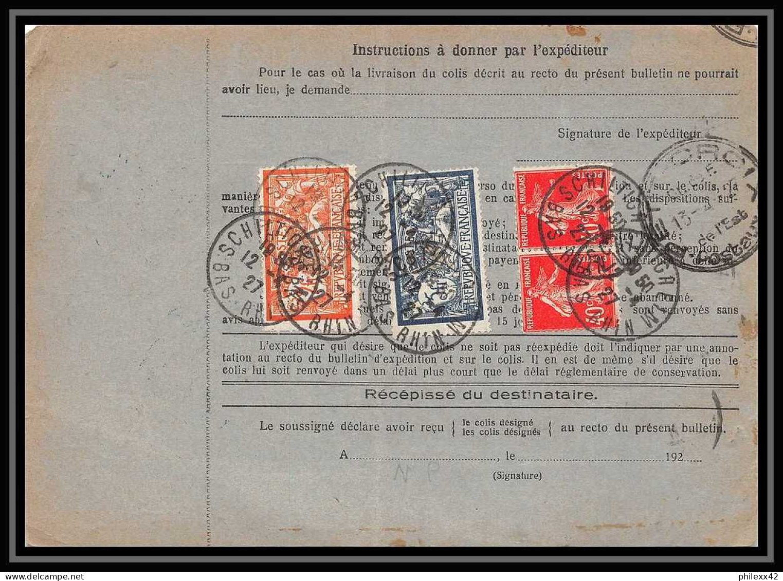 25222/ Bulletin D'expédition France Colis Postaux Fiscal 1927 Schiltigheim Bordeaux Valeur Déclarée Merson N°123+145 - Lettres & Documents