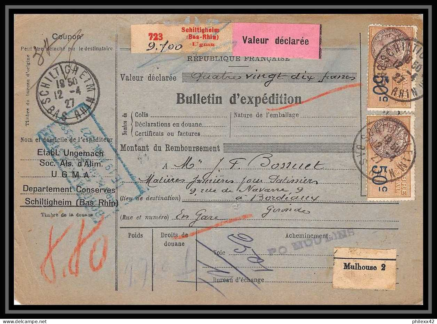 25222/ Bulletin D'expédition France Colis Postaux Fiscal 1927 Schiltigheim Bordeaux Valeur Déclarée Merson N°123+145 - Covers & Documents