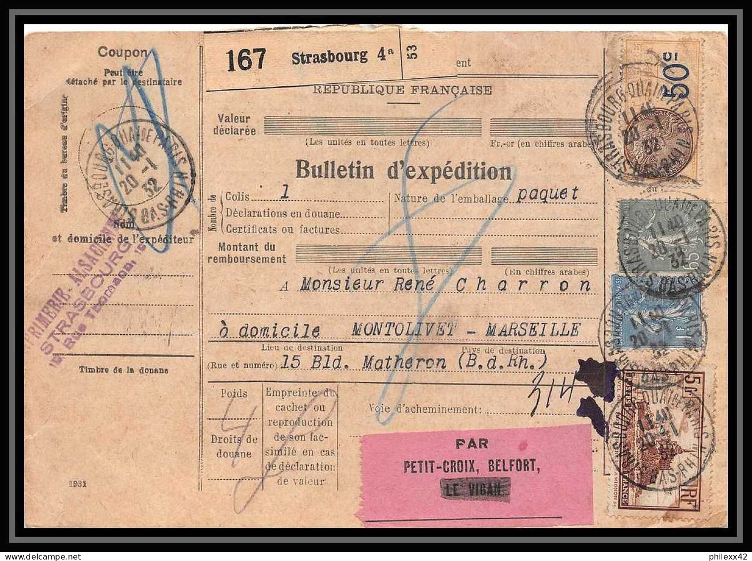 25212/ Bulletin D'expédition France Colis Postaux Fiscal Strasbourg 4 1932 Montolivet Marseille N°260 Mont St Michel - Cartas & Documentos