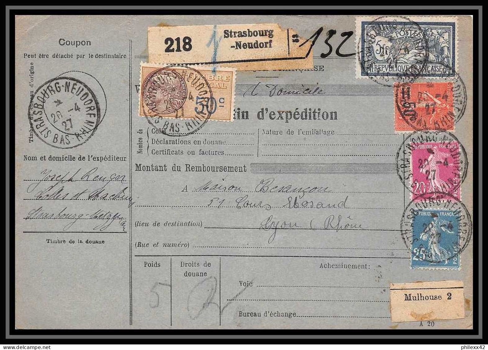 25216/ Bulletin D'expédition France Colis Postaux Fiscal Bas-Rhin Strasbourg Neudorf Pour Lyon Rhone 1927 Merson N°223  - Brieven & Documenten