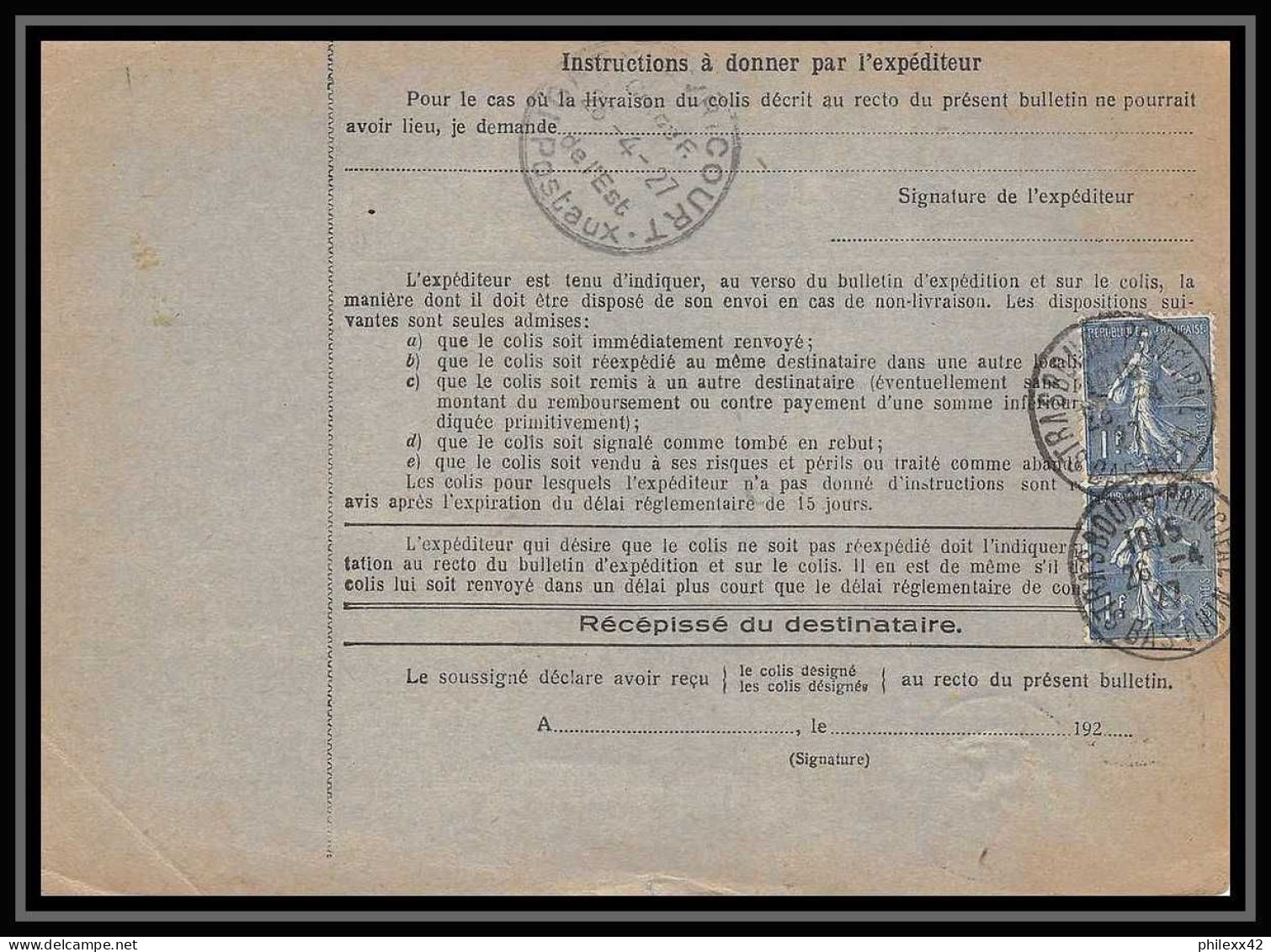 25209/ Bulletin D'expédition France Colis Postaux Fiscal Bas-Rhin Strasbourg Ppal A 1927 Pour Seine Et Oise Merson N°123 - Brieven & Documenten