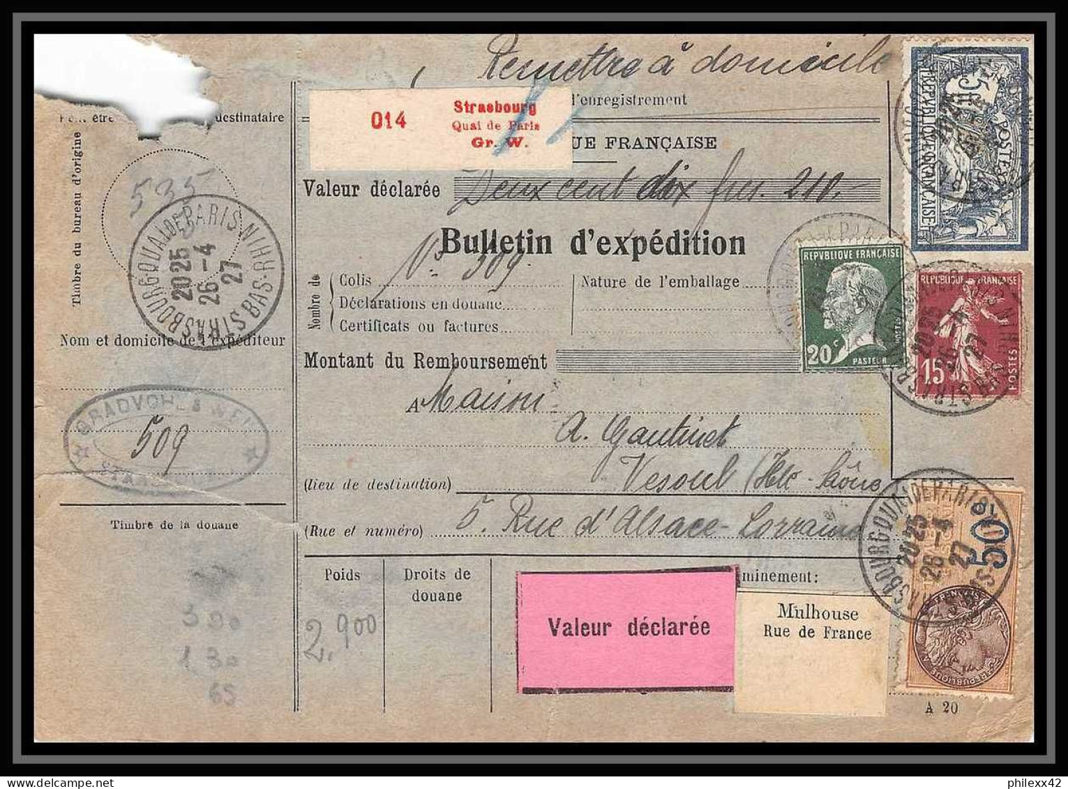 25211/ Bulletin D'expédition France Colis Postaux Fiscal Bas-Rhin Strasbourg 1927 Pour Vesoul Haute-Saône Merson N°123  - Lettres & Documents