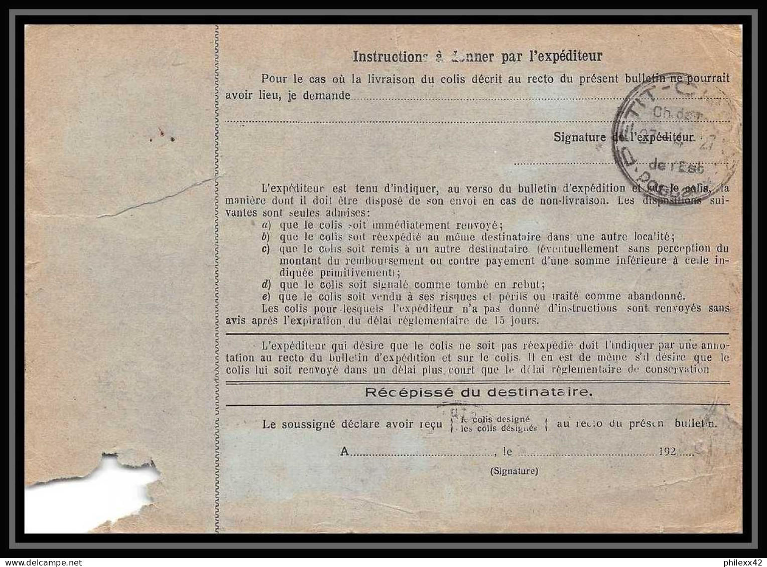 25211/ Bulletin D'expédition France Colis Postaux Fiscal Bas-Rhin Strasbourg 1927 Pour Vesoul Haute-Saône Merson N°123  - Brieven & Documenten