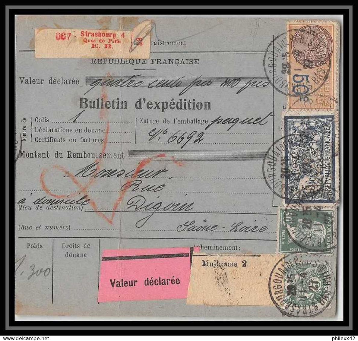 25203/ Bulletin D'expédition France Colis Postaux Fiscal Bas-Rhin Strasbourg 1927 Digoin Valeur Déclarée Merson 123 - Briefe U. Dokumente