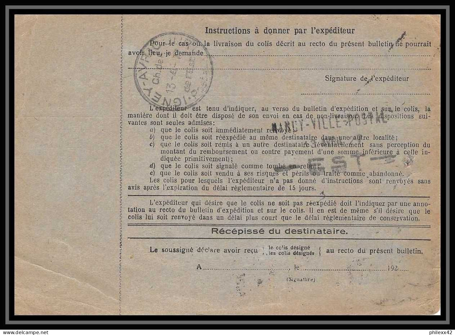 25200 Bulletin D'expédition France Colis Postaux Fiscal Bas-Rhin Strasbourg 1927 Vittell Vosges Merson N° 207 A DOMICILE - Cartas & Documentos