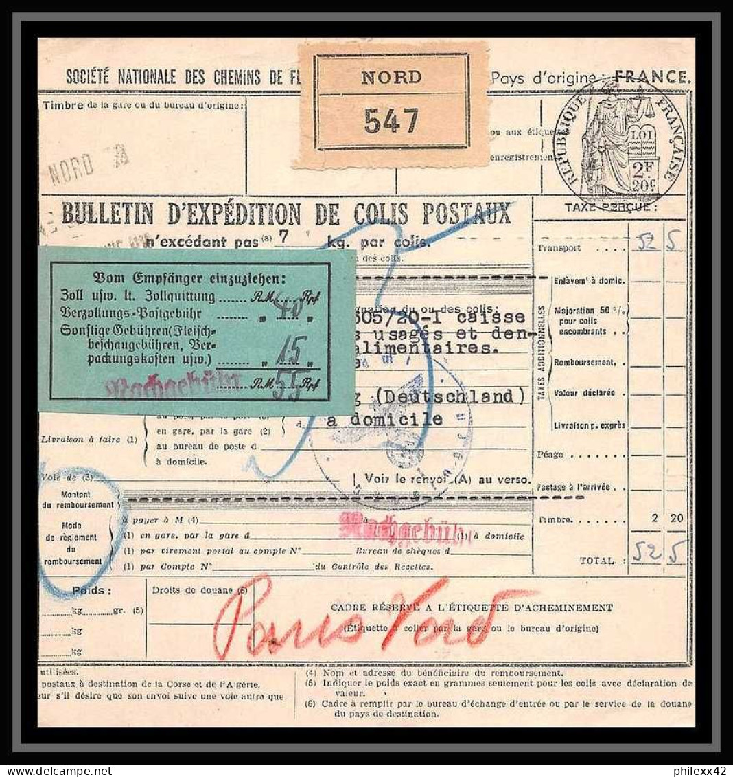 25164 Bulletin D'expédition France Colis Postaux Fiscal PARIS NORD 5/5/1943 POUR Uhingen Allemagne (germany) - Cartas & Documentos